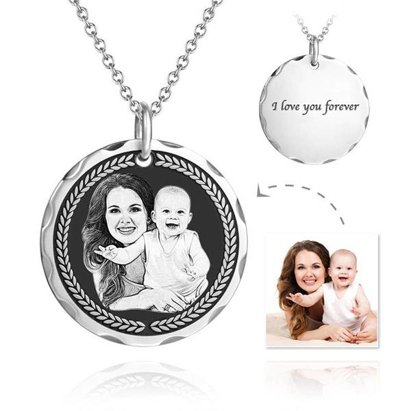 Round Coin Photo Engraved Tag Necklace With Engraving Silver